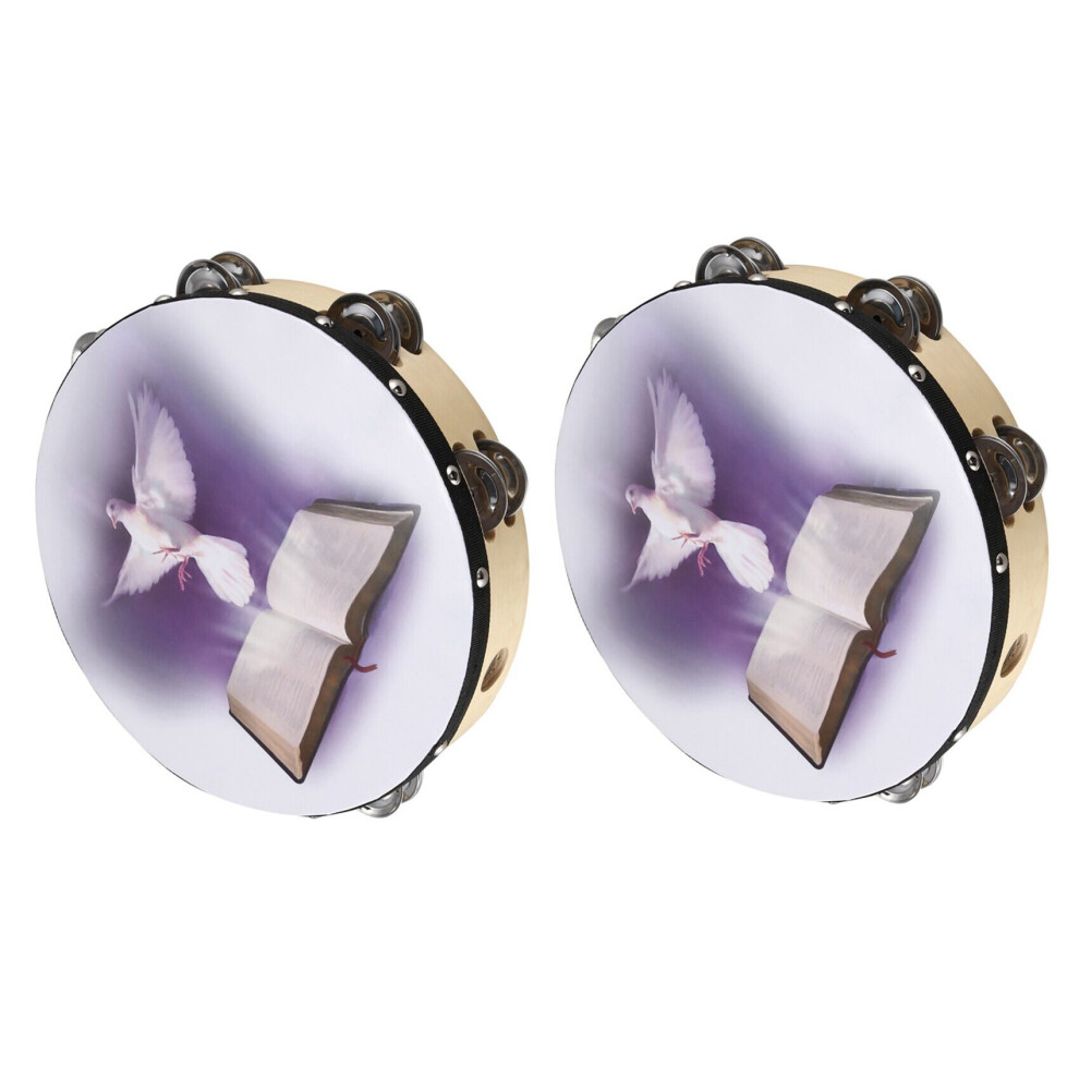 2X 10Inch Wooden Tambourine Pigeon Bible Music Percussion Instrument Tambourine Double Row Jingle Percussion Instrument