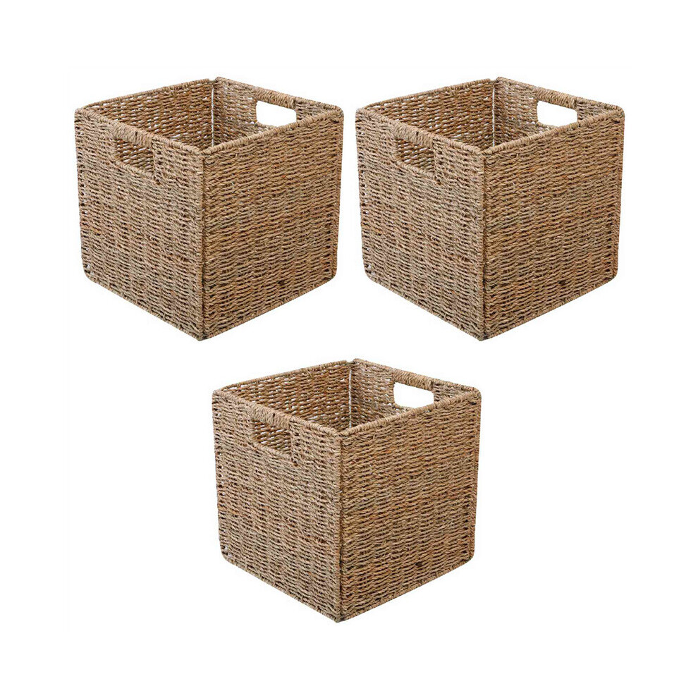 3X Woven Seagrass Farmhouse Organizer Basket Bin with Handles for Cabinets,Pantry,Bathroom,Laundry Room