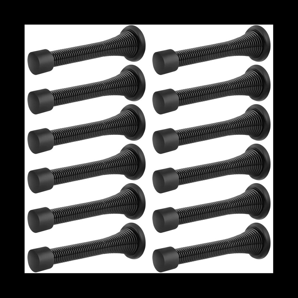 12 Pack Black Spring Door Stops, Flexible Spring Door Stopper with Low Mounted Black Rubber Bumper Tips