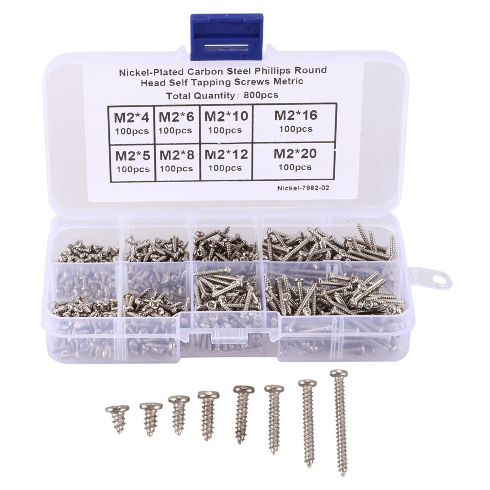 800Pcs/Set M2 Screw Carbon Steel Drive Pan Head Self Tapping Screws Assorted Fastener M2X4/5/6/8/10/12/16Mm/20Mm