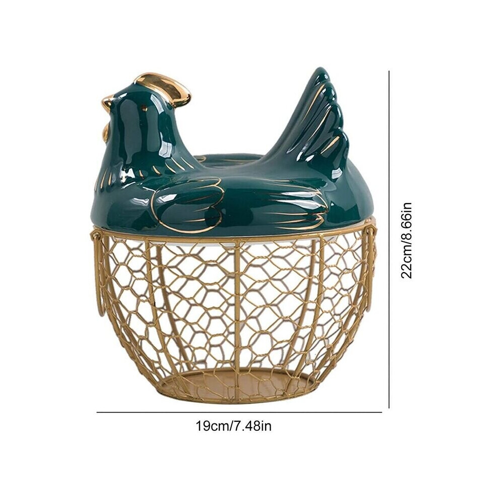 Egg Storage Basket Metal Wire Fruit Basket with Chicken Shape Lid Ceramic Egg Holder, Storage Holds 30 Eggs