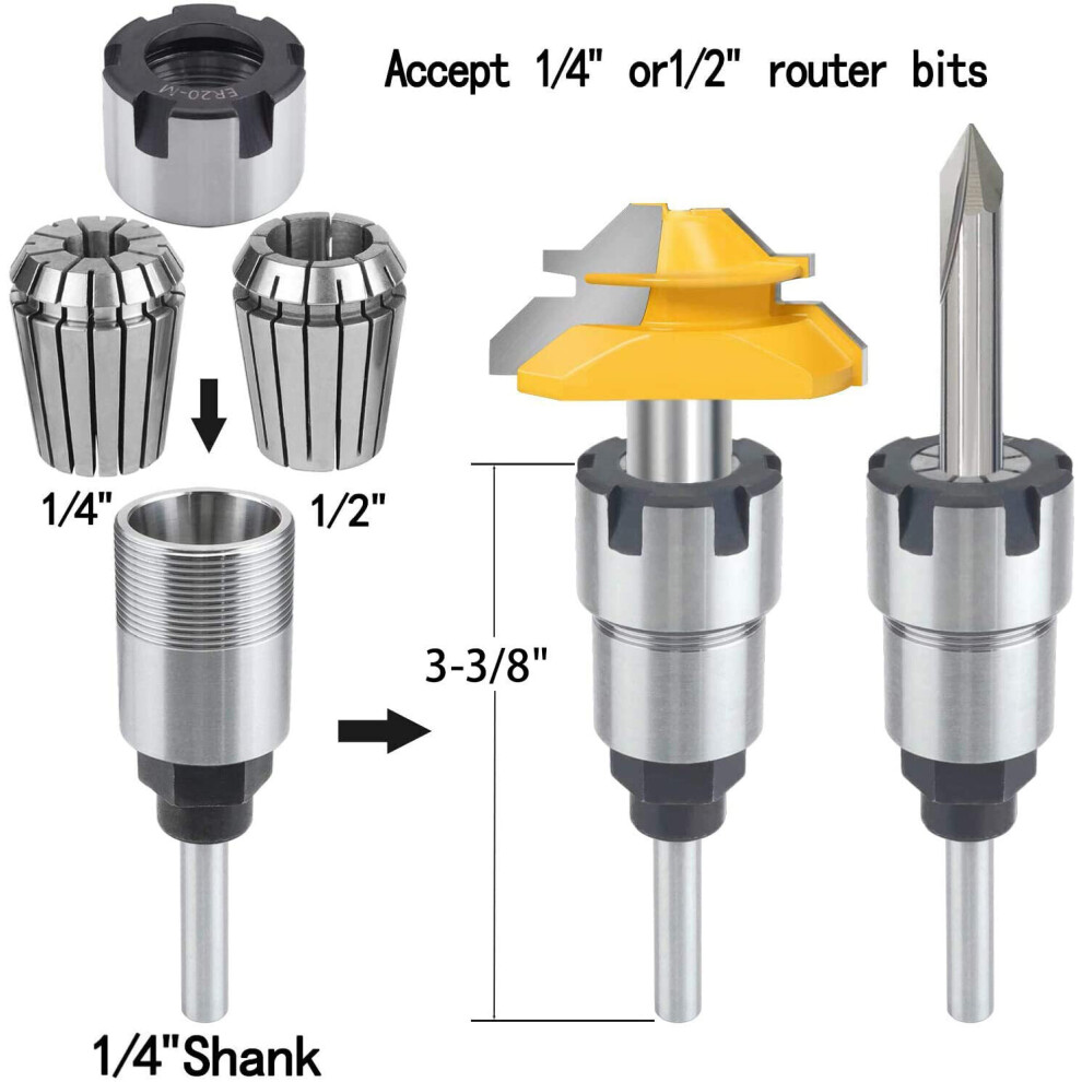 Router Bit Colle Collet Extension Chuck Converter Adapter,Convert 1/2,1/4-Inch Bit with ER20 Spring Collet