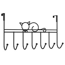Black 7-Hook Over-the-Door Rack - No Tools Required, Iron Coat Towel Bag Hat Organizer, Fits 3.5-4.7 cm Doors (41.5x21.5 cm)
