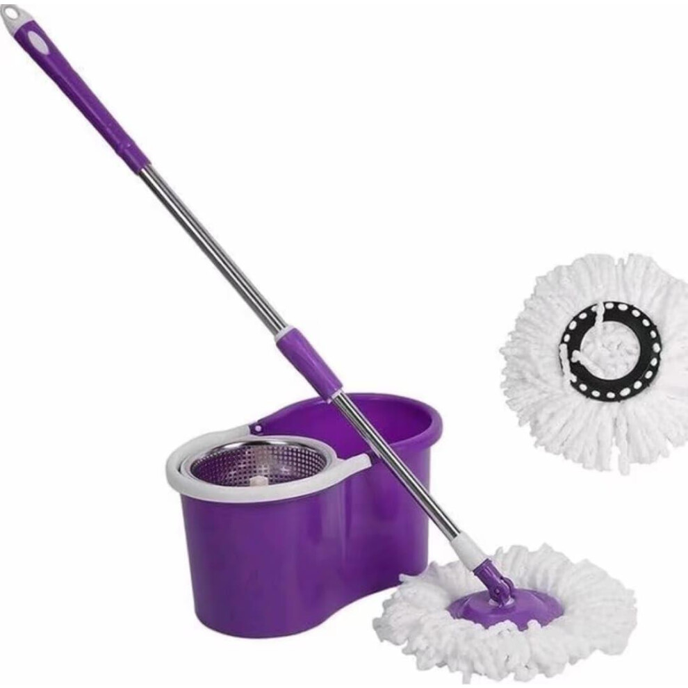 (Purple) MantraRaj Spinning 360° Rotating Spin Floor Mop and Bucket Set with 2 Microfibre Cleaning Mop Heads and Telescopic Easy Press Handle