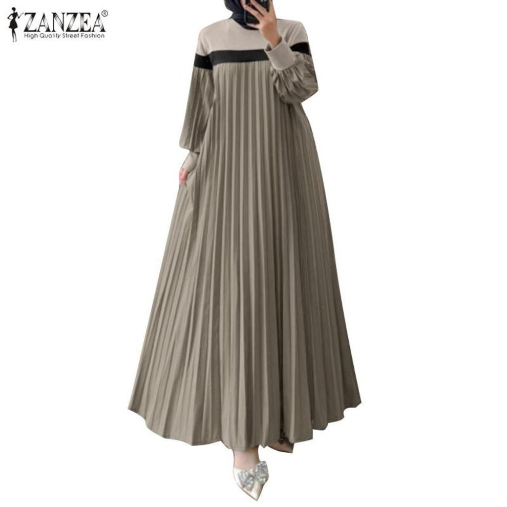 (black, S) ZANZEA Women Casual Long Sleeve Patchwork Loose Pleated Dress