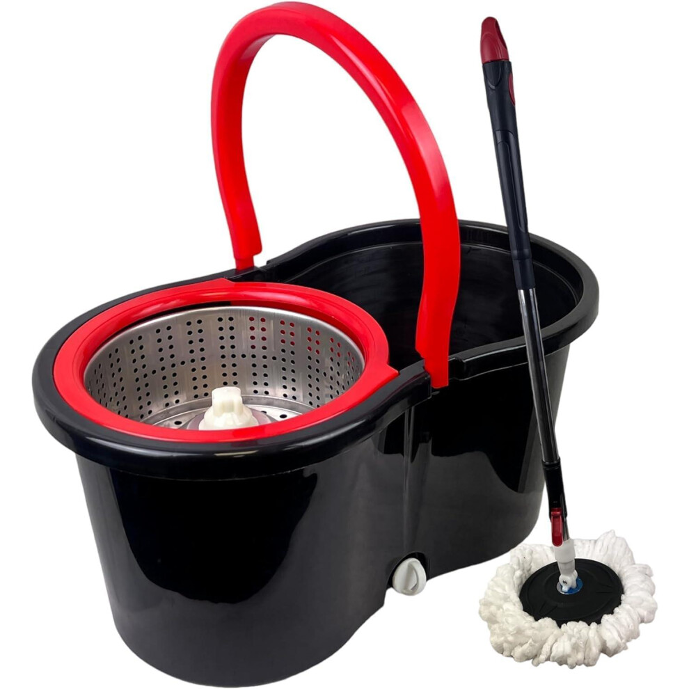 (Black) MantraRaj Spinning 360° Rotating Spin Floor Mop and Bucket Set with 2 Microfibre Cleaning Mop Heads and Telescopic Easy Press Handle