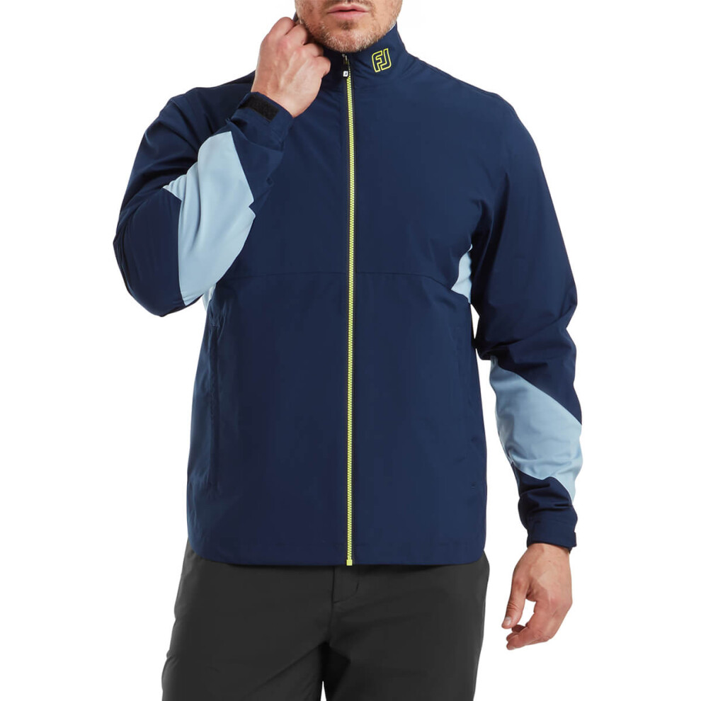 (L, Navy/Primrose) Footjoy Mens 2024 HydroLite X Waterproof Stretch Breathable Packable Golf Jacket