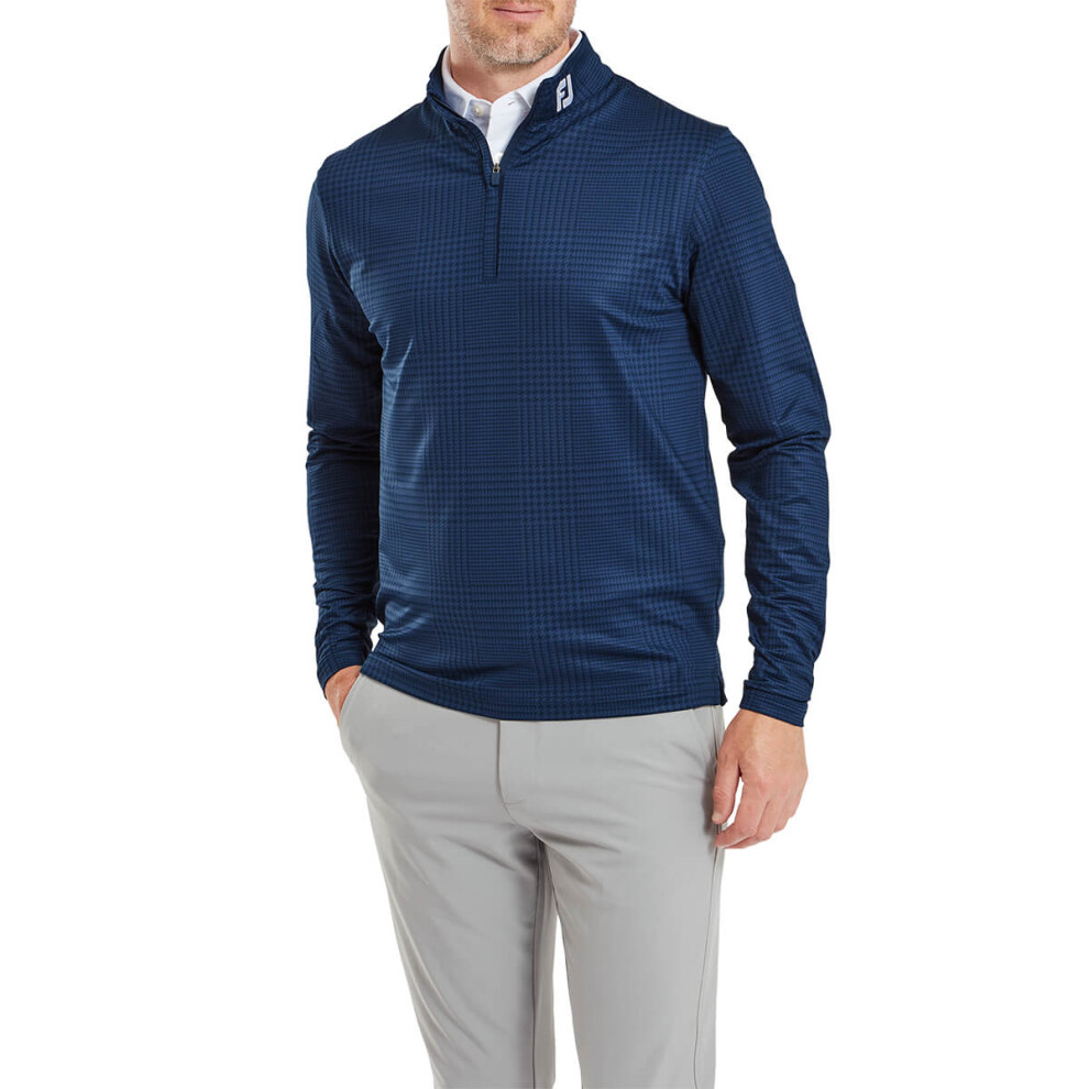 (M, Navy) FootJoy Mens 2024 Glen Plaid Print Moisture Wicking Midlayer Golf Sweater