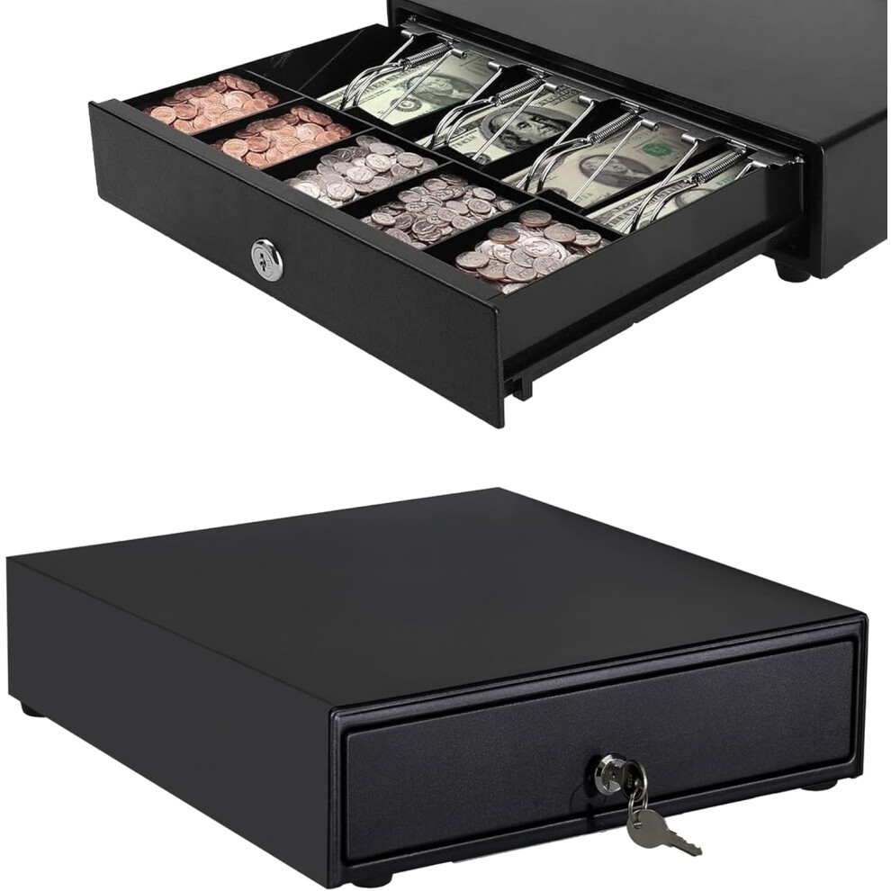 Cash Drawer Heavy Duty Electronic Cash Register Till Drawer Box 4 Cash Bills Notes Cheques Compartment 5 Removable Coin Trays Key Lock System