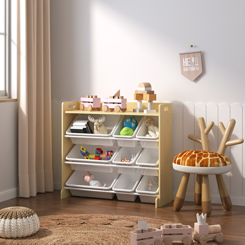 4 Tier Kids Storage Wooden Unit Bookshelf Toy Box 9 Cube Tubs Box