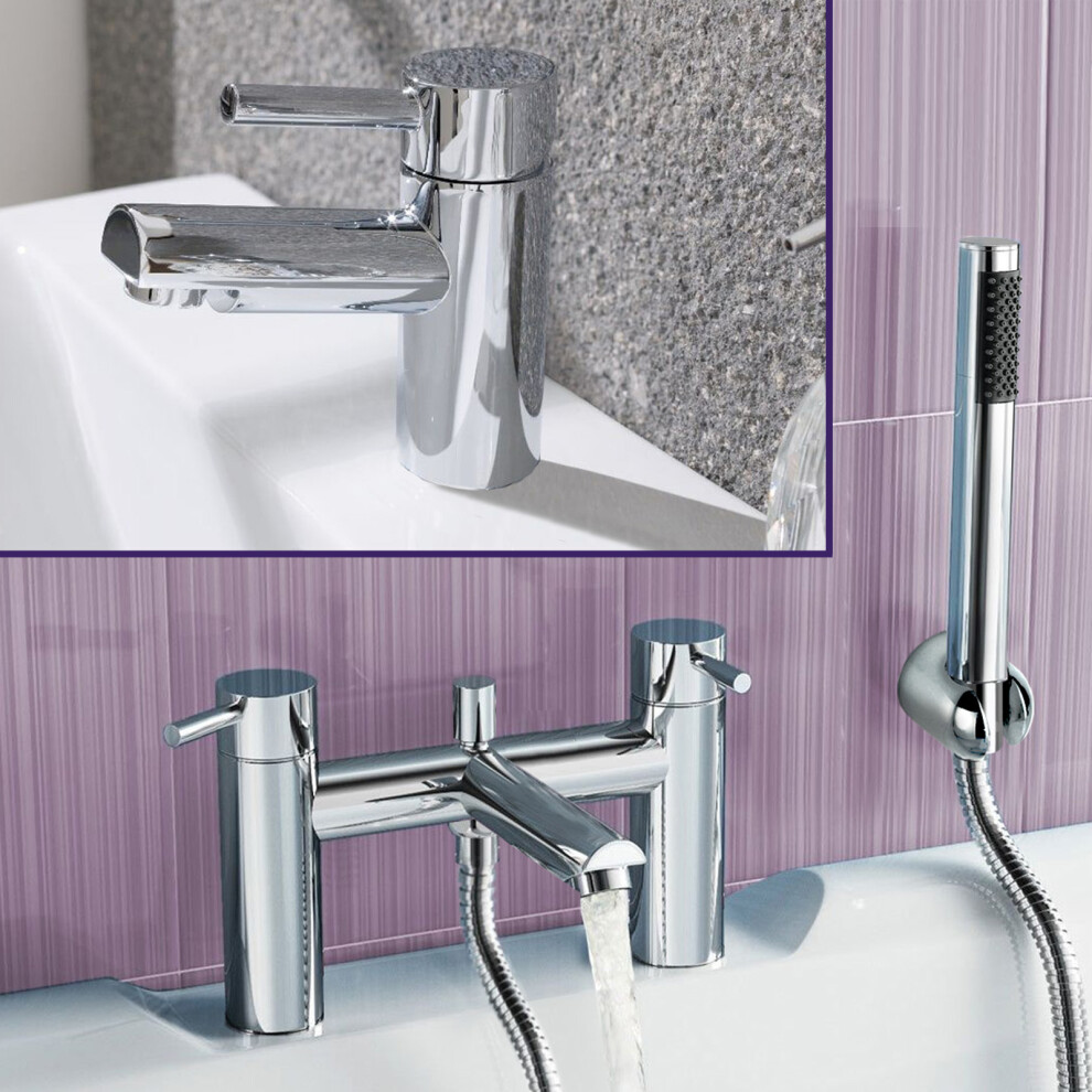 Contemporary Round Bridge Deck Mounted Bath Shower Mixer With Handset And Basin Single Lever Mixer Tap Set
