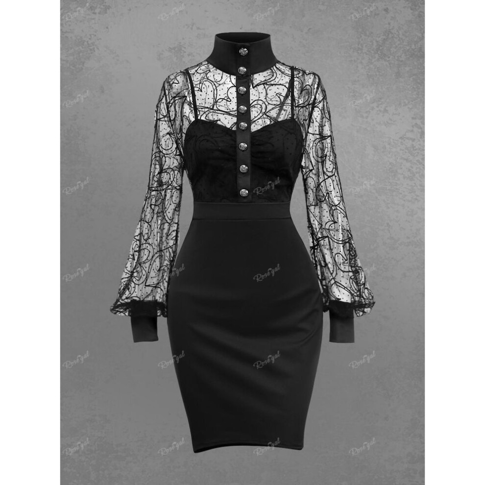 (black, 3XL) Rosegal Gothic Lace Heart Panel Buttons Lantern Sleeves Mini Dress