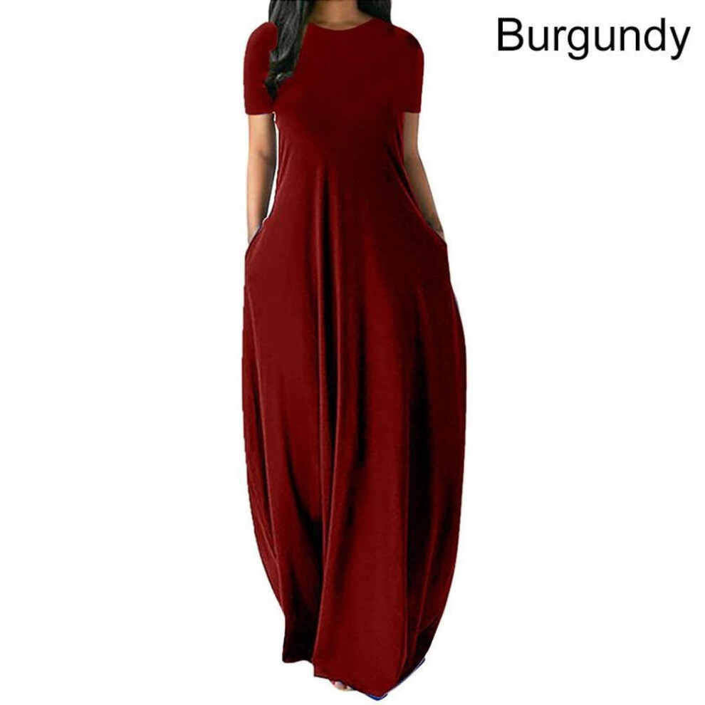 (burgundy, XL) Women Casual Loose O-neck Long Dresses Short Sleeve Summer Beach Dress Elegant Evening Party Dress