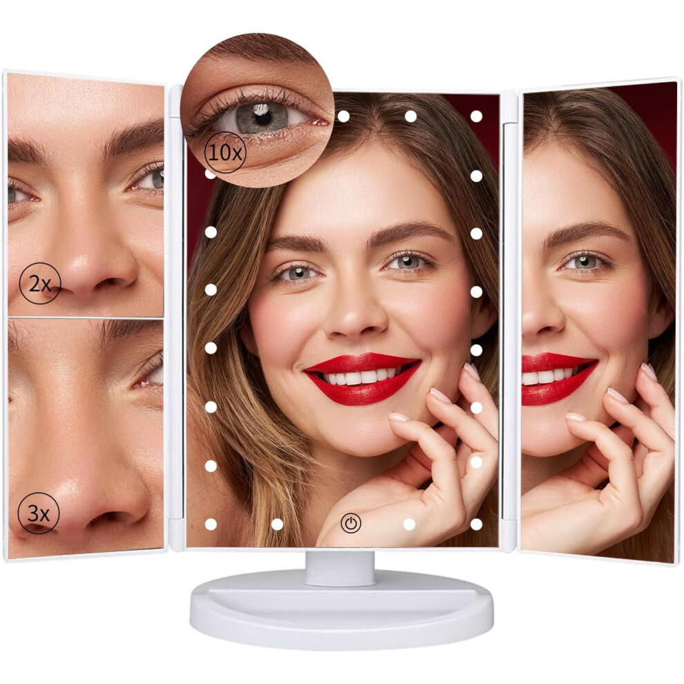 Tri-Fold LED Makeup Mirror with 10X Magnification & Touch Control