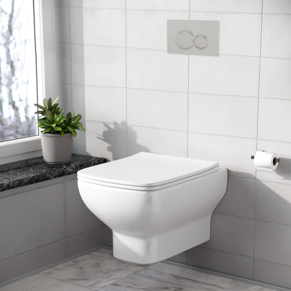 Nes Home Square White Wall Hung Toilet With Frame & Round Button Flush Plate