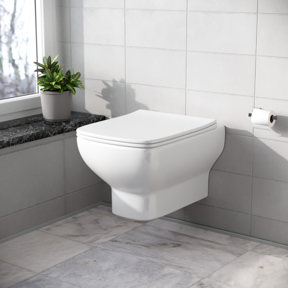 Nes Home Rimless Square Wall Hung Toilet Pan, Soft Close Toilet Seat