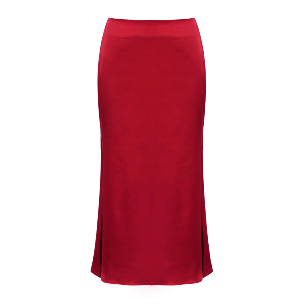 Women's Satin Mid Length Skirt Summer High Waist A Line Swing Skirt Elegant Casual Skirt M Wine Red