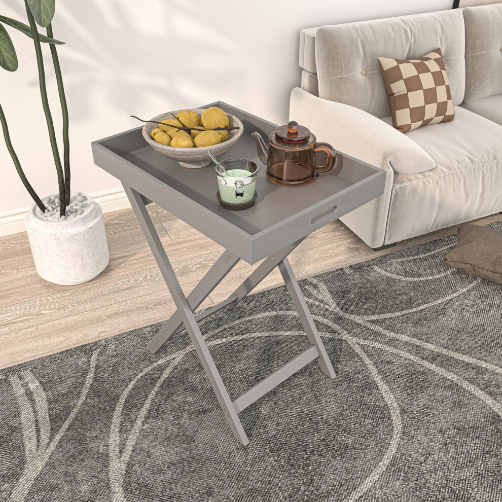 (Grey) Side Coffee Table Butlers Tray Style Foldable MDF