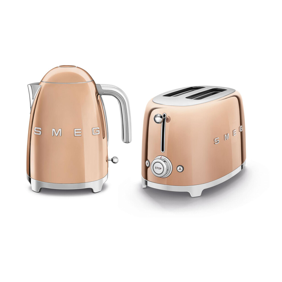 Smeg 50's Style Retro Range Breakfast Set, 1.7L 3000W Kettle and Multi Functional Control 2 Slice 950W Toaster, Rose Gold, KLF03RGUK, TSF01RGUK
