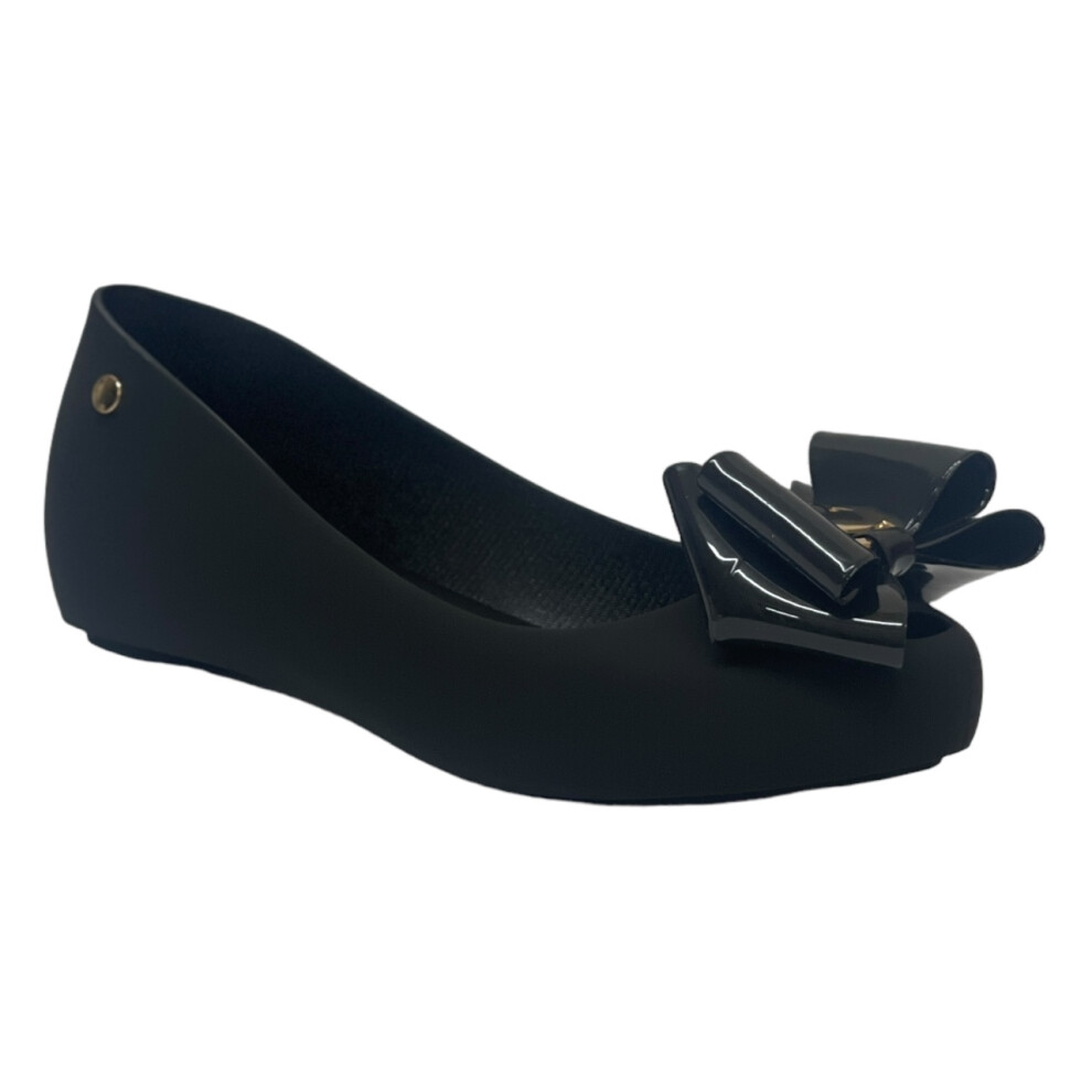 (UK 8 / EU 41 / US 10, Black / Gold) Women's Flat Bow Jelly Office Work School Slip On Comfy Ballerina Shoes