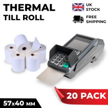 (20 Rolls) 57 x 40mm Thermal Till Rolls PDQ Rolls Credit Card Receipt