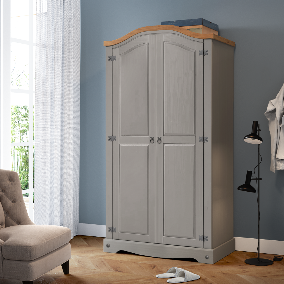 Mercers Furniture Corona Grey Wax 2 Door Arch Top Wardrobe Solid Wood Pine Wooden Brown,Grey