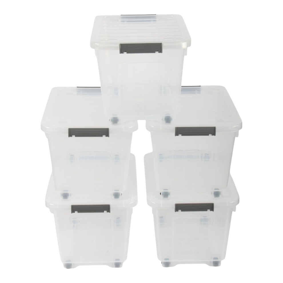 Jolie Max (Pack Of 5) 16L Storage Boxes With Wheels. Stackable & Transparent, Lids & Buckles.