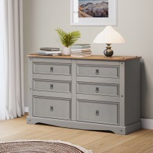 Corona Grey Wax Low 3+3 Wide Chest Solid Pine Bedroom Furniture