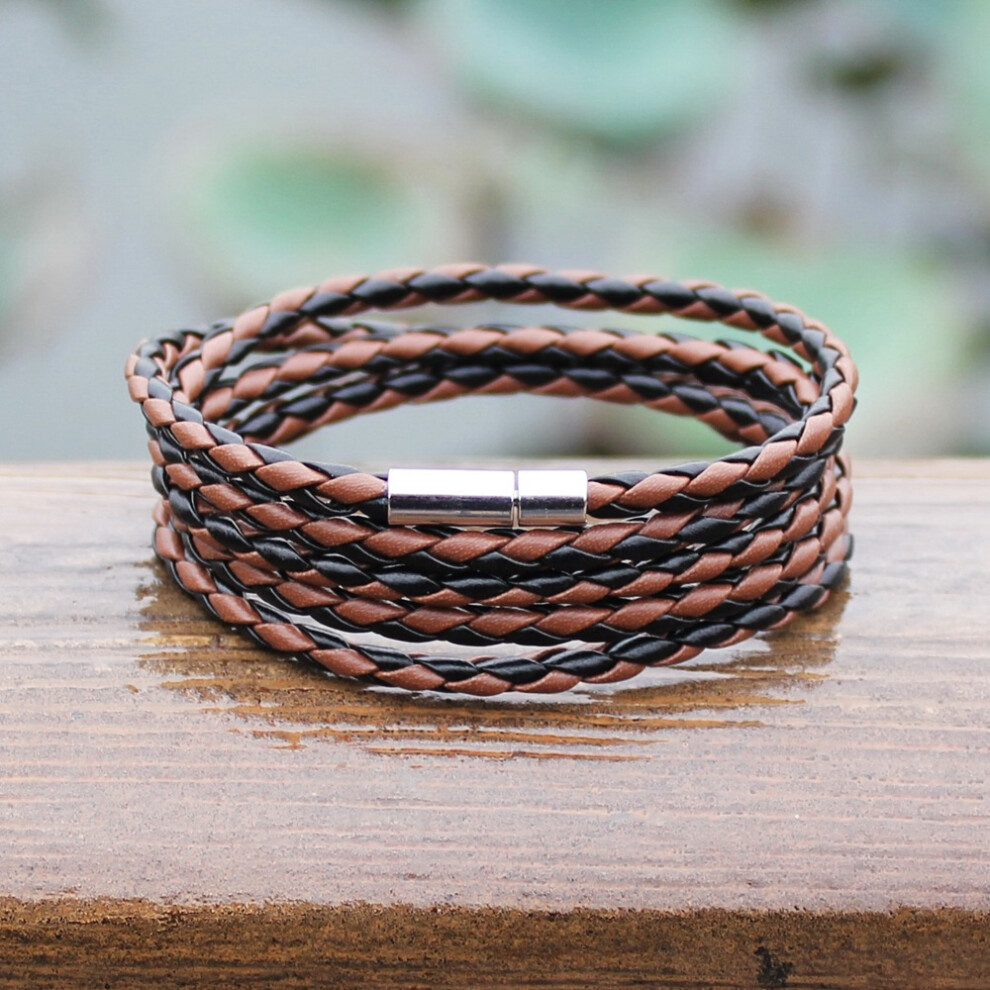 (Black & Brown) Mens Braided leather Bracelet with Stainless clasp