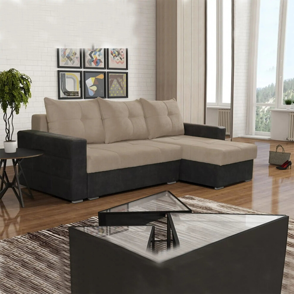 (Brown, Right Corner) Scotia Fabric Ottoman Storage Corner Sofa Bed