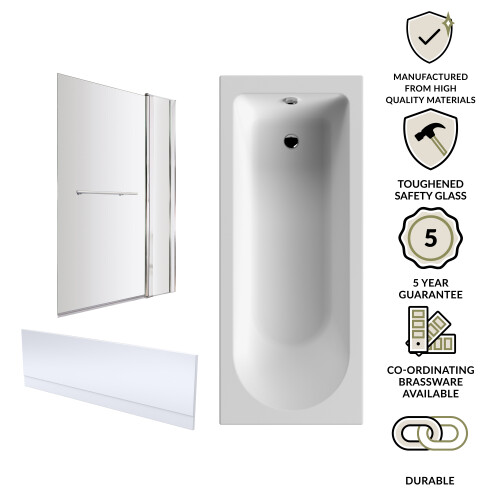 Balterley Bath Suite -1700x750mm Round Bath, Front Panel, Chrome Screen with Fixed Panel and Rail 2