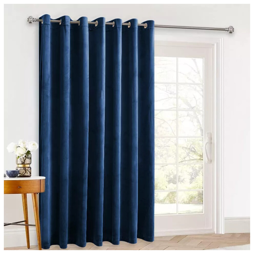 (Navy Blue) Blackout Velvet Door Curtains Ringtop Eyelet Single Panel Curtain with Tieback