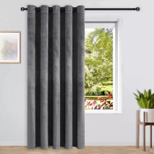 (Grey) Blackout Door Curtains Crushed Velvet Thermal Insulated Ringtop Eyelet Curtain Panel with Tieback