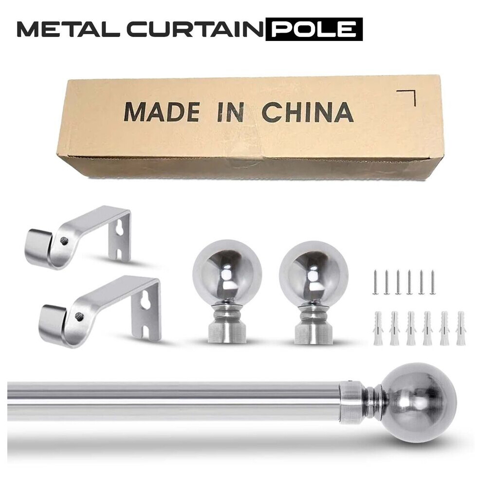 (160-300 cm (63" - 118" In), Chrome) Metal Curtain Pole Heavy Duty Plain Ball Rod with All Accessories & Holdback Pair