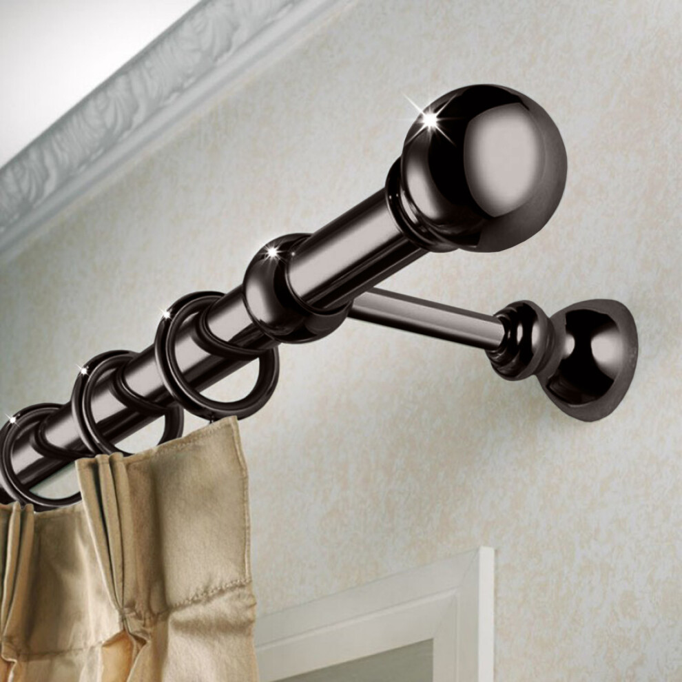 Bedlooms (160-300Cm (63" - 118" In), Nickel) Plain Metal Ball Curtain Pole 28Mm - Extendable Curtain Rod With Rings & Bracket Set Black