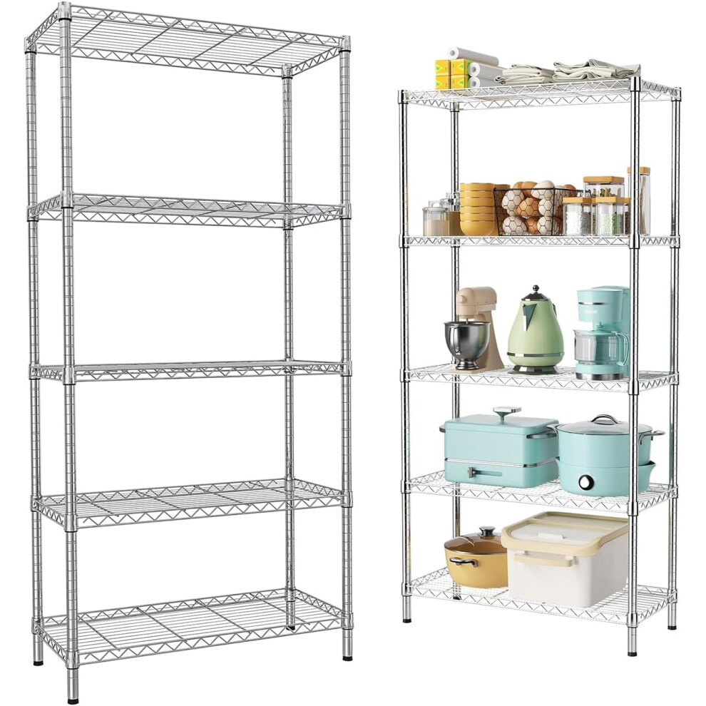 5-Tier Metal Shelving Unit Heavy-Duty Wire Storage Rack Adjustable Shelves 200kg Capacity for Garage, Kitchen & Office 58x35x160cm (Silver)
