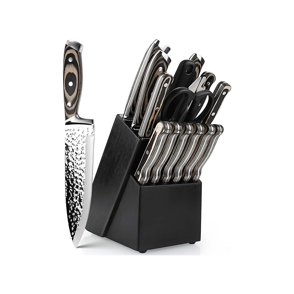 15PCS Kitchen Knife Set, High Carbon Japanese Stainless Steel Chef Knife Set with Wooden Block, Ultra Sharp Knife Sets with Irregular Hammer Pattern