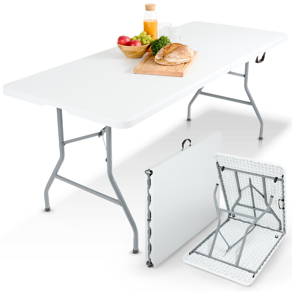 AREBOS Garden Beer Table | foldable | 182 x 74 x 74 cm | rattan look | camping table | party table | folding table | Ink. Carrying handle | White
