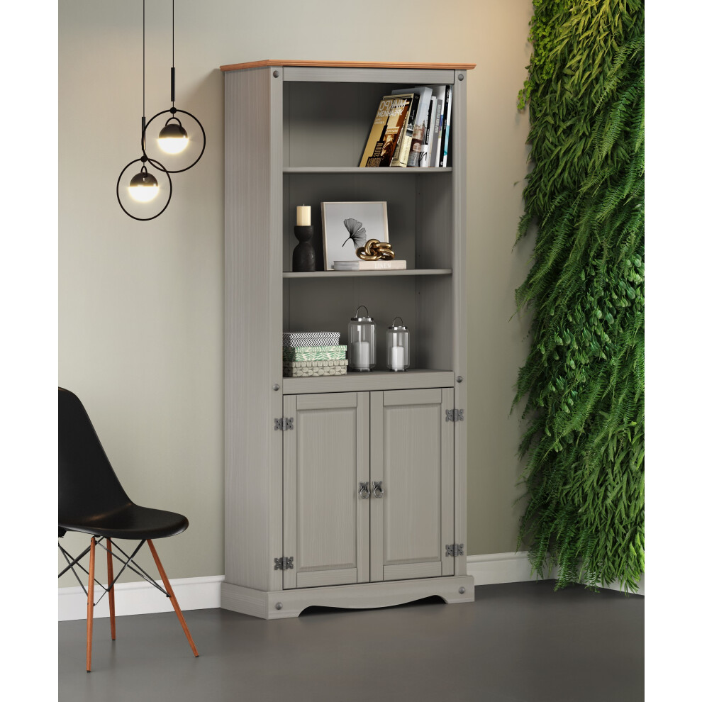 Mercers Furniture Corona Grey Wax 2 Door Bookcase Open Display Cupboard Cabinet Solid Wooden Pine - Distressed Grey Wax - Image 3