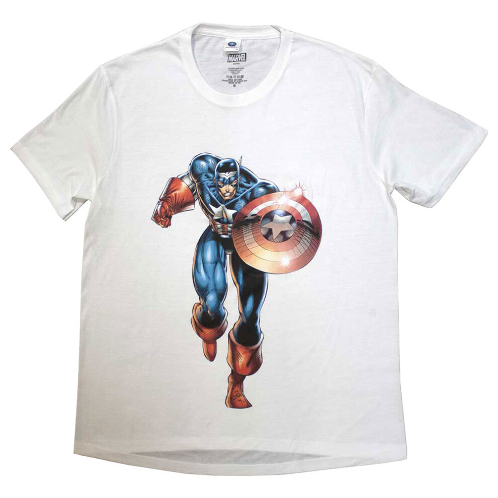 (S, White) Captain America Running Logo T Shirt