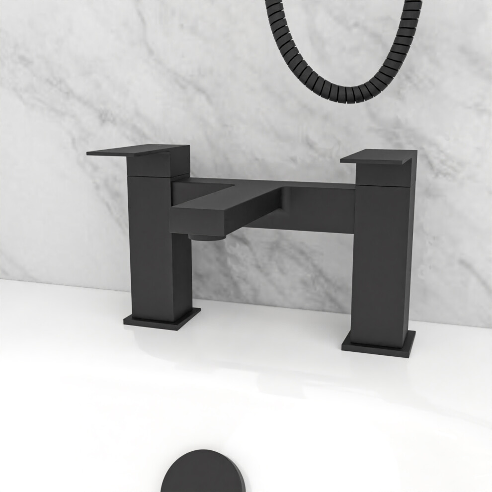 Nes Home Modern Deck Mounted Matte Black Square Bridge Bath Filler Mixer Tap