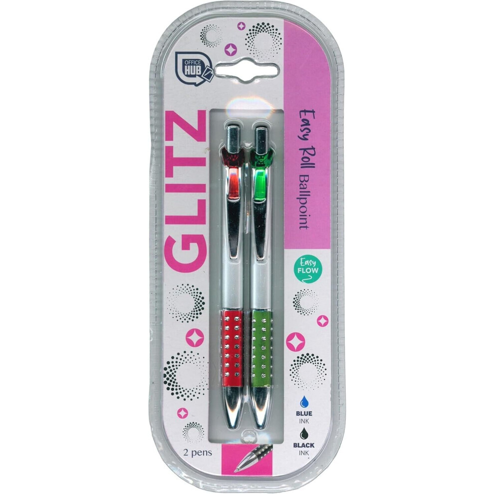 Office Hub Glitz Easy Roll 2pk Ballpoint Black & Blue Inked Pens