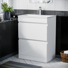 Nes Home White 600mm PVC 2 Drawer Vanity Cabinet & Slim Basin Sink Floor Standing