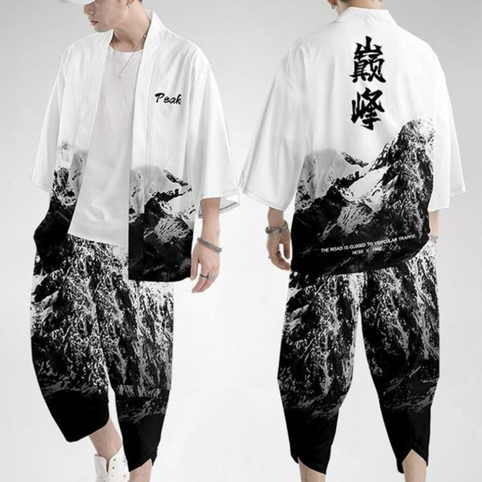 (black, 6XL) Men Summer Chinese Letter Print Kimono Coat Jacket Top Pants Trousers Outwear Casual Loose White Fashion Sets