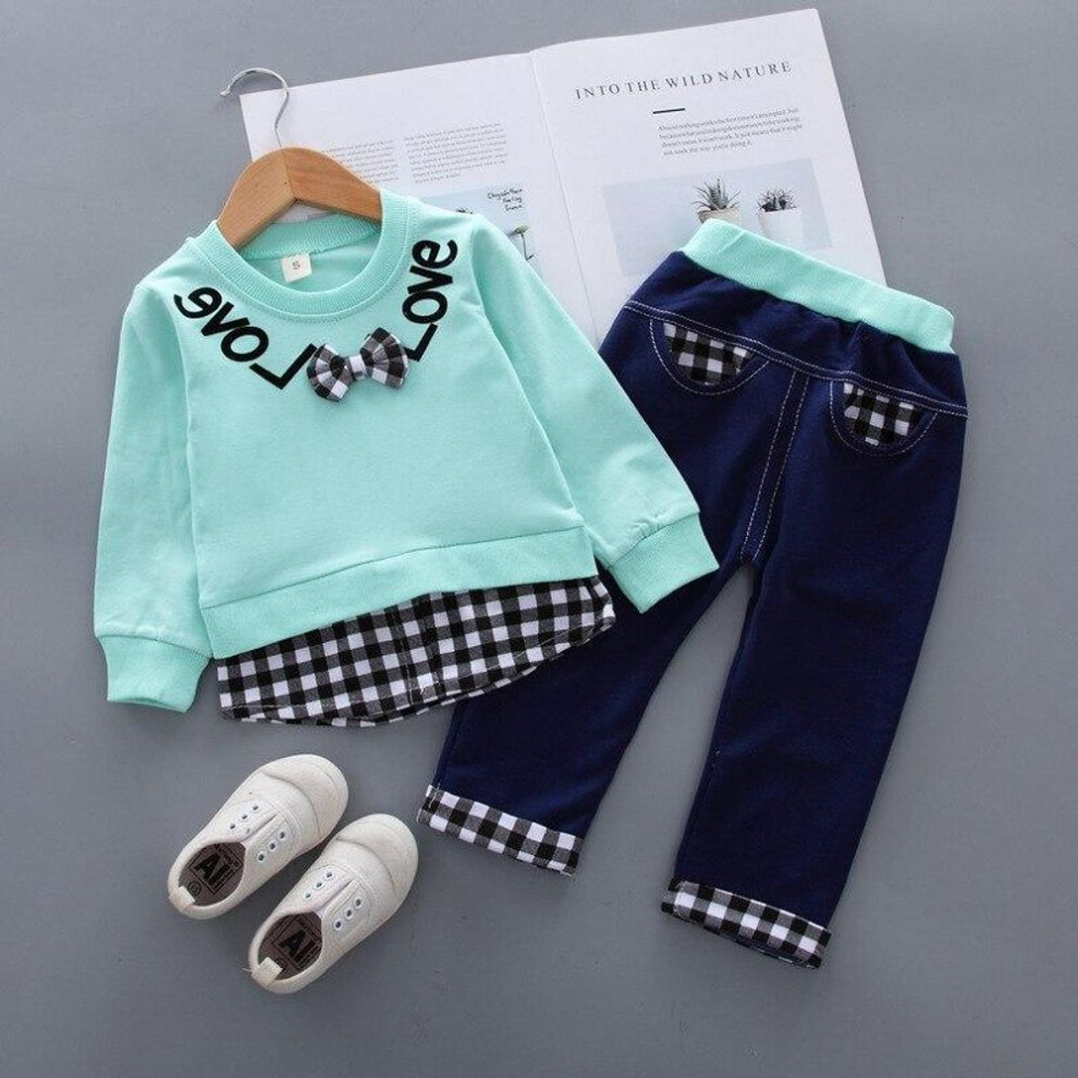 (grey, 110cm) Danmo Baby Girl Clothes Spring Autumn Cotton Suit 0-4 years Plaid Letter Printed Sweater Baby Girl Clothes Two-Piece Suit