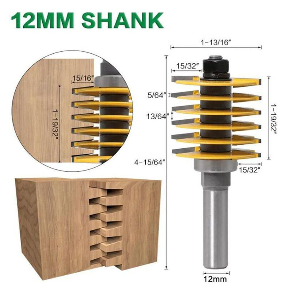 (yellow, 12mm shank) 1pc 8mm 12mm 1/2" Shank Brand New 2 Teeth Adjustable Finger Joint Router Bit Tenon Cutter Industrial Grade For Wood Tool