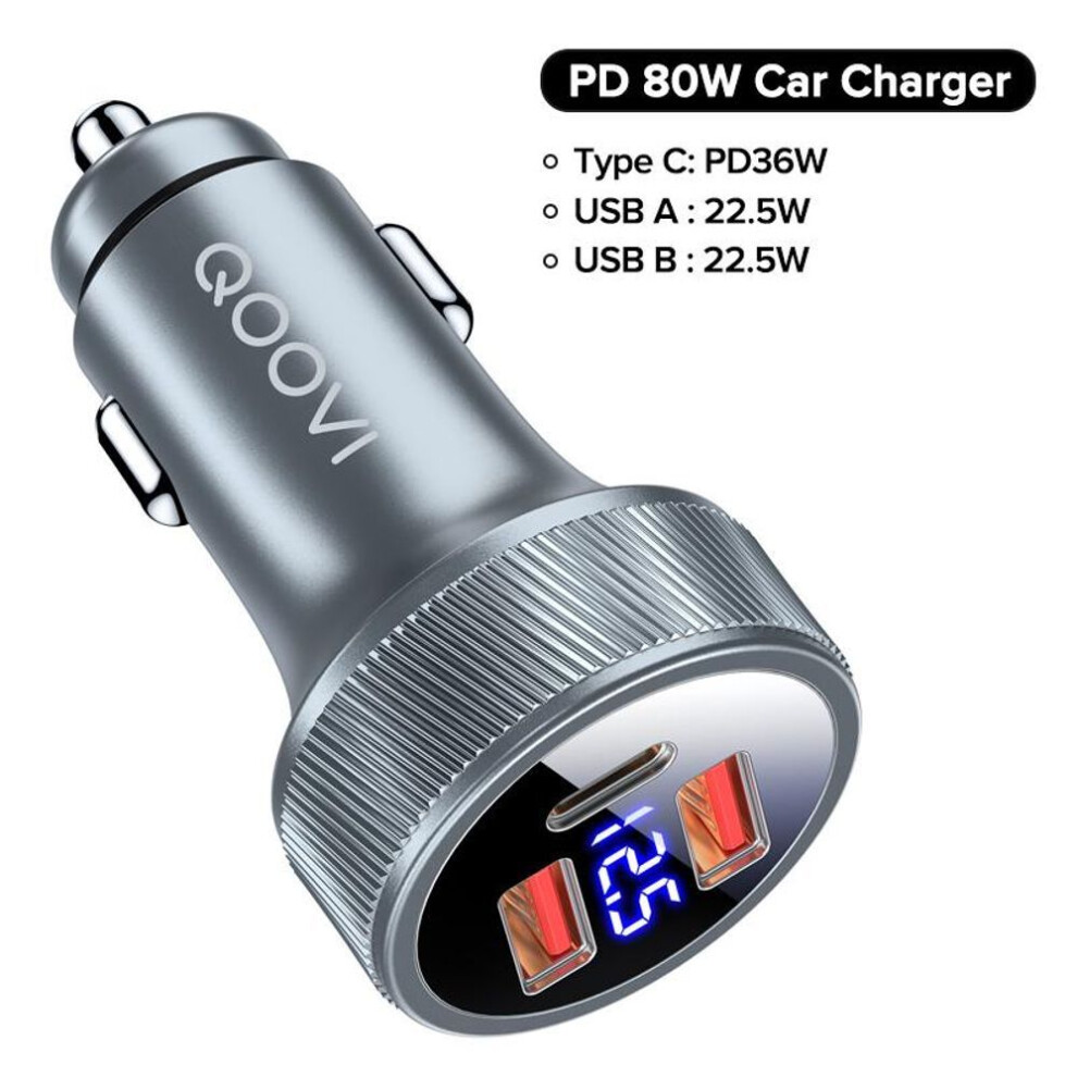 (grey) Qoovi 80w Car Charger Pd Usb Type C Dual Port Usb Phone Charger Fast Charging For Iphone 13 Xiaomi Samsung Ipad Laptops Tablets