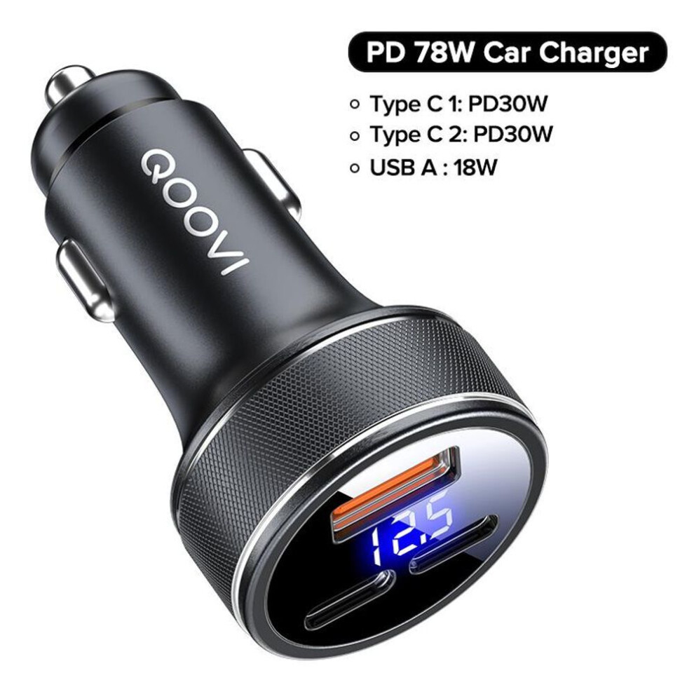 (black) Qoovi 78w 3-ports Car Charger Pd Usb Type C Qc3.0 Phone Charger Fast Charging For Iphone 14 Xiaomi Samsung Ipad Laptops Tablets