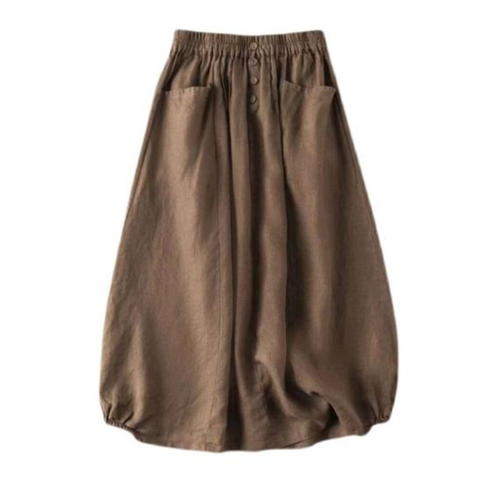 (5XL, khaki) High-waist Elastic Waistband Pockets Buttons Decor Large Hem Midi Skirt Women Solid Color A-line Retro Skirt