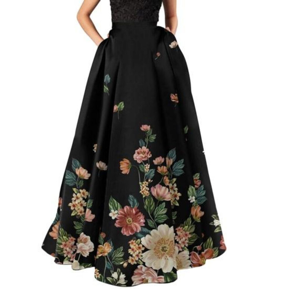 (S, black) Women Maxi Skirt High Waist A-line Big Swing Flower Print Zipper Half-opening Soft Bohemian Loose Party Prom Beach Skirt